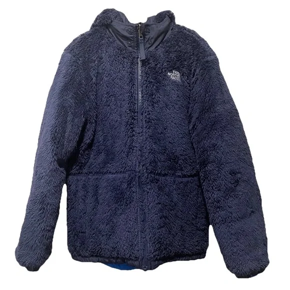 The North Face Boys Reversible Jacket Size 14/16 Hero Blue Hooded Puffer Fleece - Picture 4 of 5